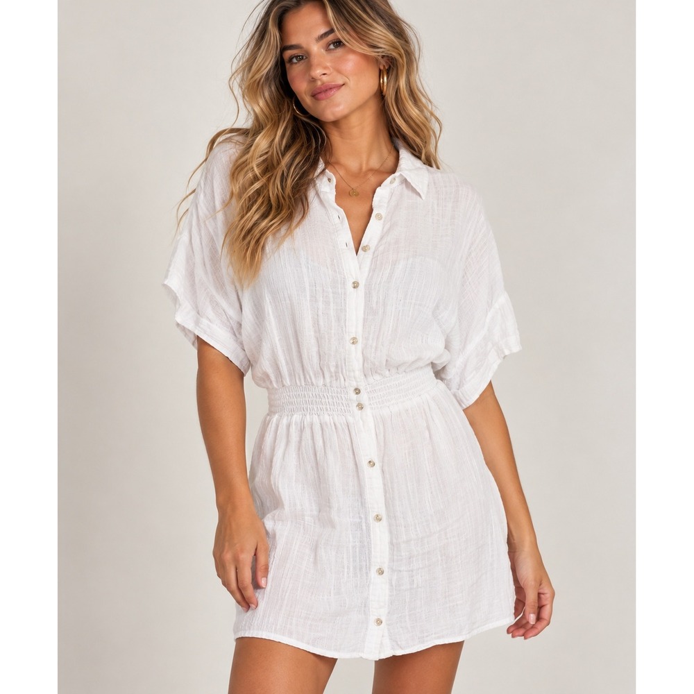 Bella Dahl Womens White Smocked Waist Button Down Shirt Dress Size Small